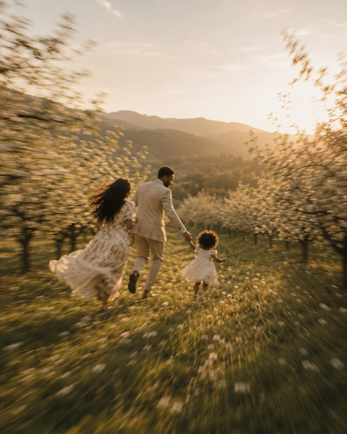 Family running through an orchard at golden hour