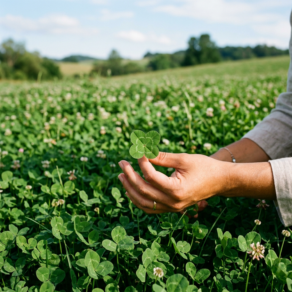 Hand holding a four-leaf clover above a field of three-leaf clovers